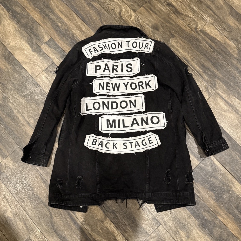 American Bazi Denim Jacket Dark Wash Black Distressed Women's Size S Los Angeles